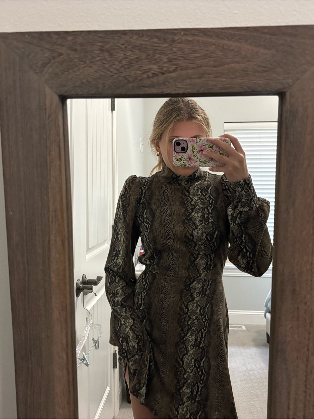 Leith Olive Green Snake Print Long Sleeve Mini Dress